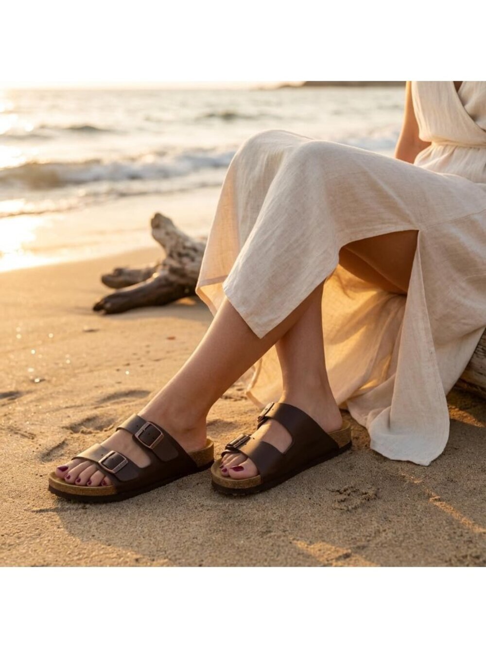 Women's Brown Nappa Footbed Sandals Comfort Double Buckle Two Strap Flats Shoes - Picture 6 of 6